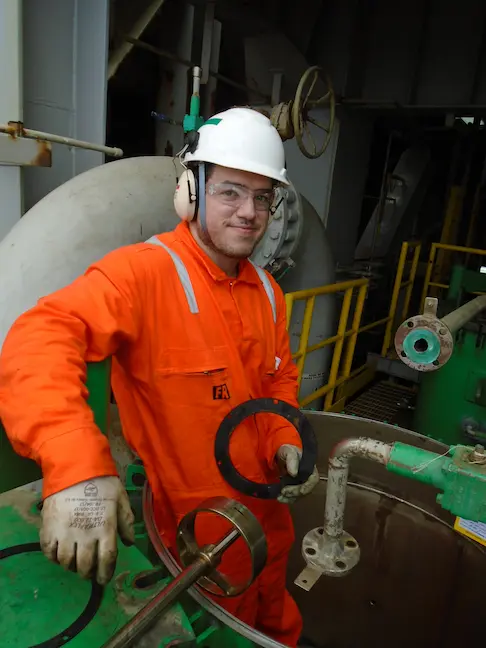 Diego Alquezar wearing offshore safety equipment on an industrial platform